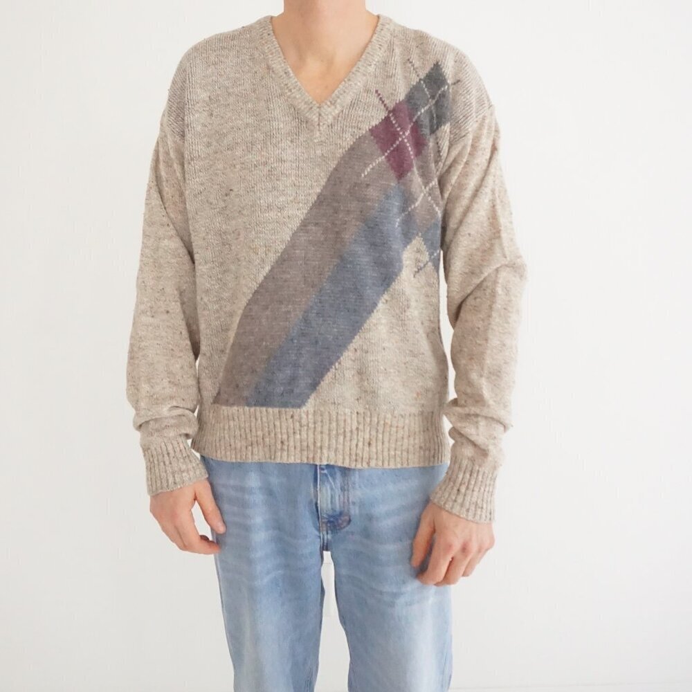Moss Creek Trader Beige Argyle Diagonal Wool Preppy Eclectic Grandpa Sweater L